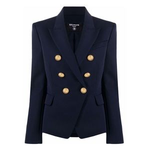 Balmain Navy Blue Double Breasted Wool Blazer Gold Buttons 38
